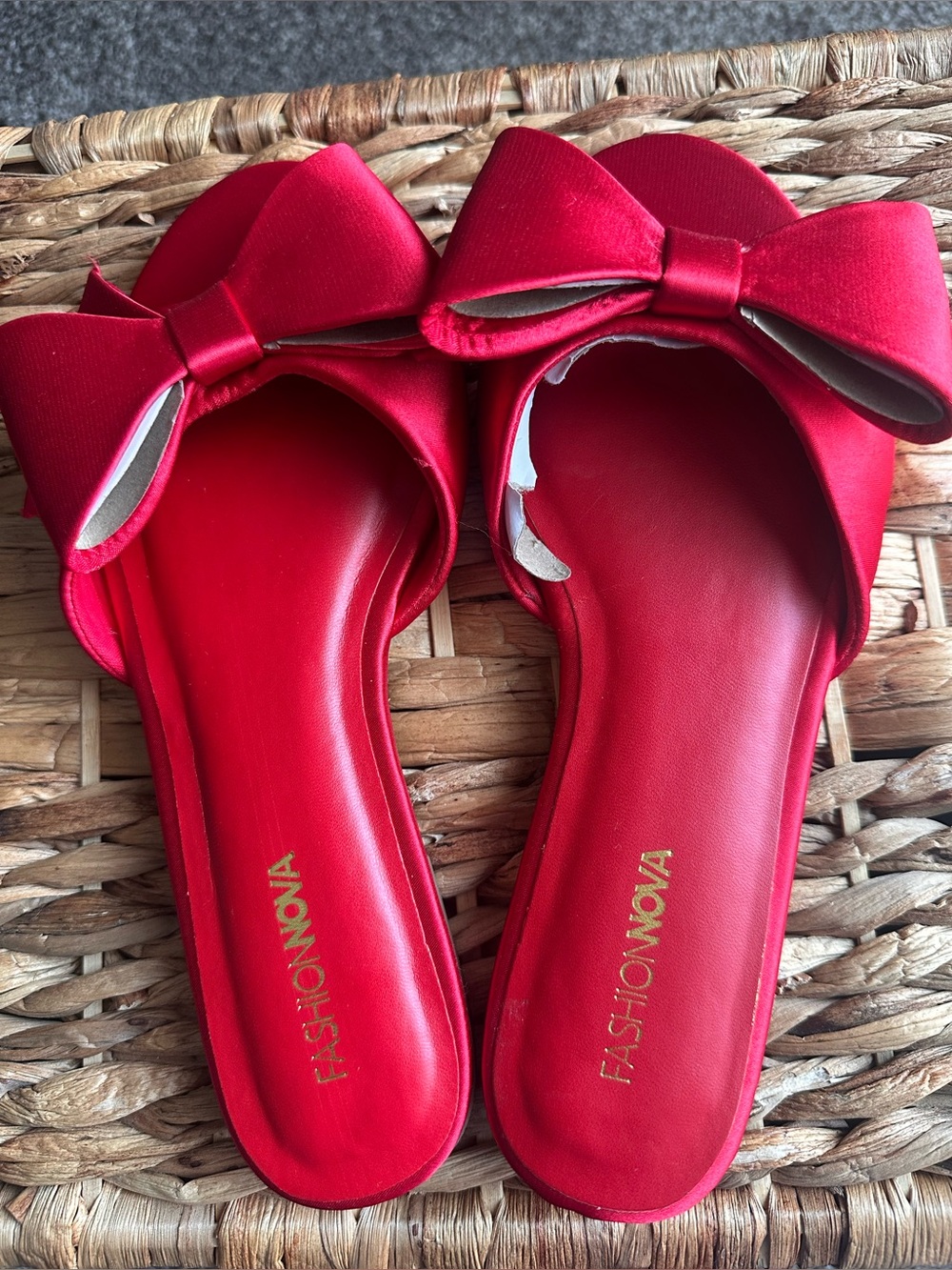 Fashion Nova Red Satin Bow Slide Sandals